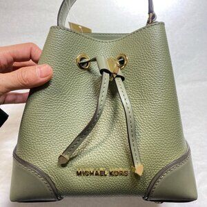 Michael Kors Mercer Gallery XS Convertible Leather Bucket Crossbody, Army Green